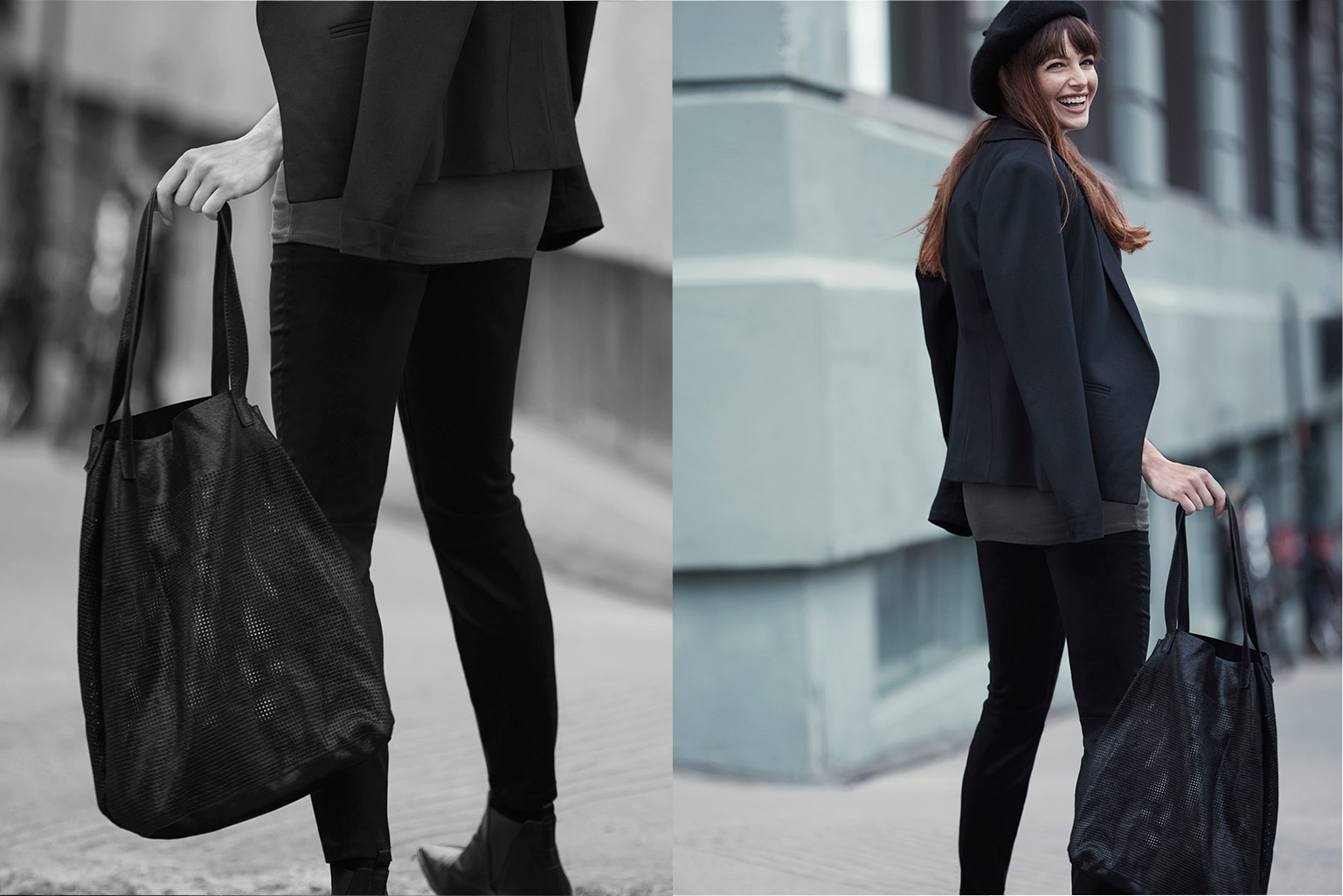 For bottoms. Ultra-comfortable in simple stretch pants and jeans that'll take you from bump to baby