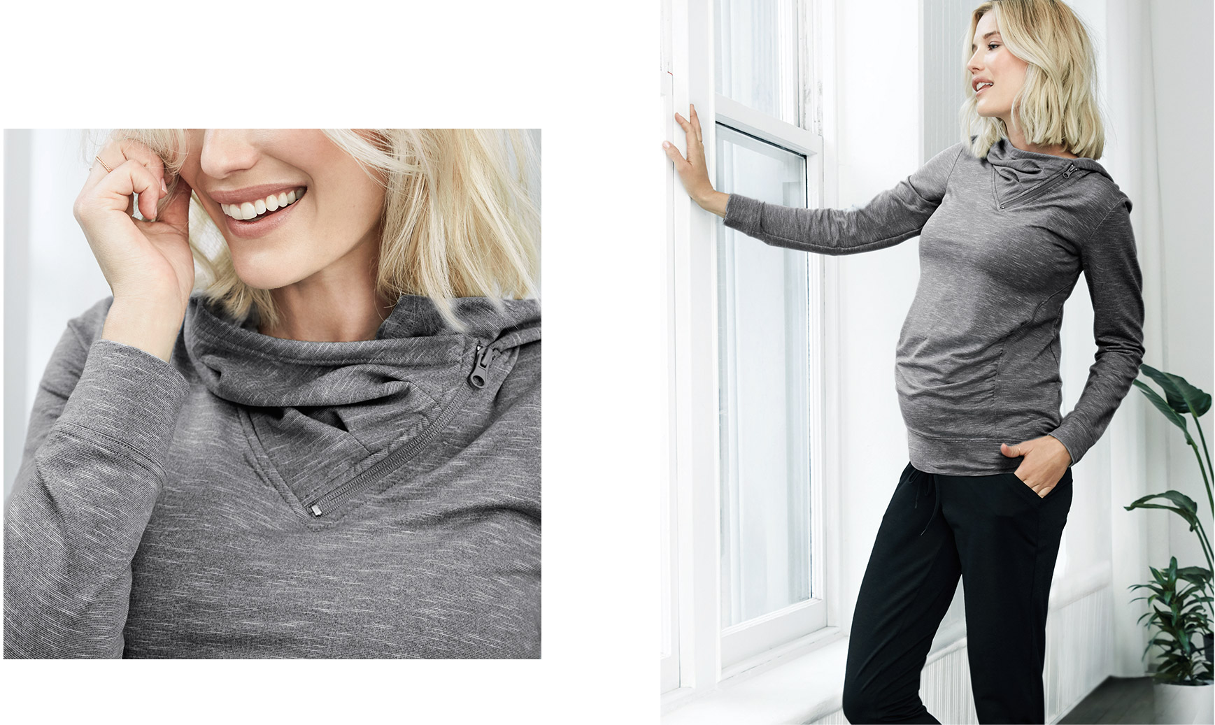 Le pull à capuchon. Un joli mélange entre une coupe classique et un détail de fermeture asymétrique
